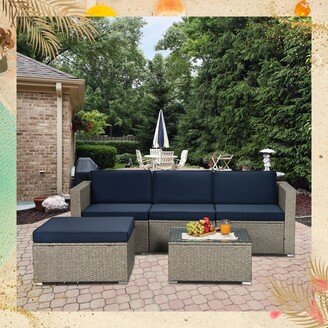 GEROJO Gray Stylish 5-Piece Outdoor Patio Furniture Set, PE Rattan Wicker Sectional Sofa with Cushions and Tempered Glass Table