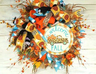 Welcome Fall Wreath For Front Door, Leopard Blue Pumpkin Wreath, Autumn Door Country