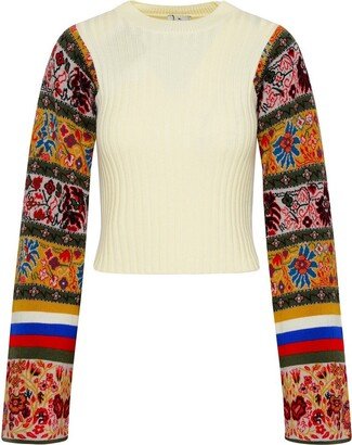 Contrast-Sleeved Crewneck Knitted Jumper