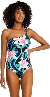 Nightfall Blooms One Shoulder One-Piece (Black) Women's Swimsuits One Piece