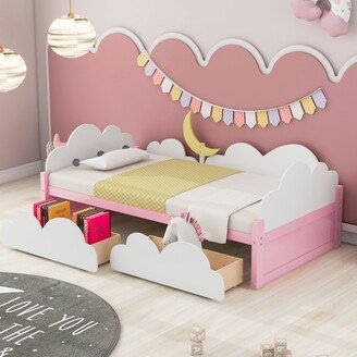 Aoolive Twin Size Bed with Clouds and Crescent Moon or Sunflower Decor Optional, Cute Kid's Platform Bed with 2 Storage Drawers