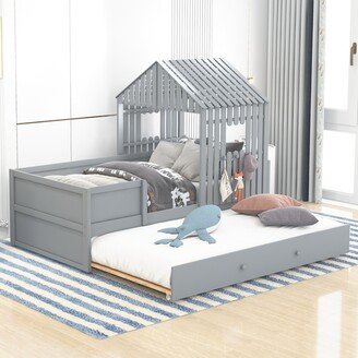 TOSWIN Twin Size House Low Loft Bed Pull-out Trundle Bed Modern Pine Wood Frame Platform Bed with Trundle and House Shape Design