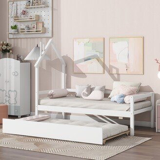 GREATPLANINC Twin Size Wooden Daybed Platform Bed with Trundle, Daybed Frame House-Shaped Headboard Bed with Guardrails, White