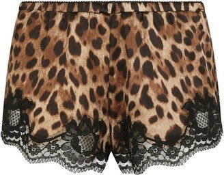 Leopard-print satin lingerie shorts with lace detailing