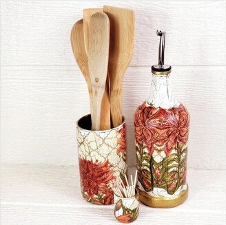 Burnt Orange Day Lily Kitchen Set - 25.4 Oz Up-Cycled Oil Cruet | Utensil Holder /Vase Toothpick Hand Soap Dispenser