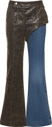 Lace hybrid faux leather & denim pants