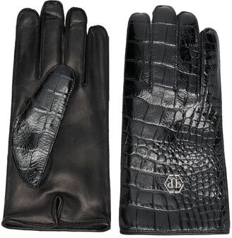 Crocodile-Effect Leather Gloves-AA