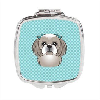 Awesome Apparel Checkerboard Blue Gray Silver Shih Tzu Compact Mirror, 2.75 x 3 x .3 In.