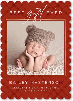 Birth Announcements: Unequaled Gift Birth Announcement, Red, 5X7, Pearl Shimmer Cardstock, Scallop