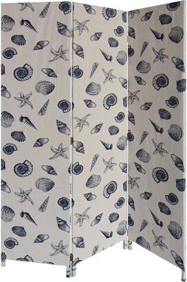 71 Inch 3 Panel Fabric Room Divider with Seashell Print, Blue