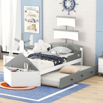 IGEMAN Boat-Shaped Platform Bed with Twin Size Trundle,Twin Bed with Storage