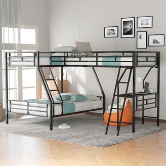 EHEK Metal Frame Bunk Bed with a Desk，L-Shaped Twin over Full Bunk Bed with a Twin Size Loft Bed attached