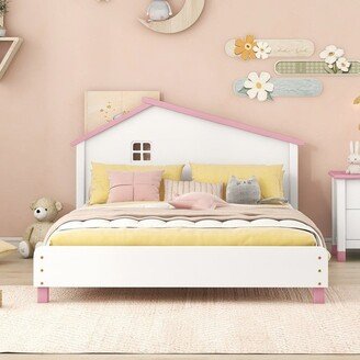 Wooden Full Size Platform Bed with House-shaped Headboard