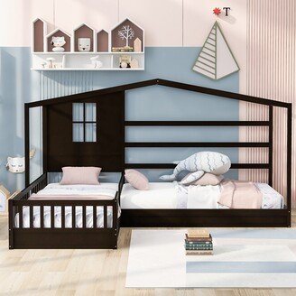 EDWINRAY Twin Size Wood House Bed, 2 Twin Solid Beds L-Shaped with Fence and Slatted Frame for Kids Teens Aldults Bedroom, Espresso