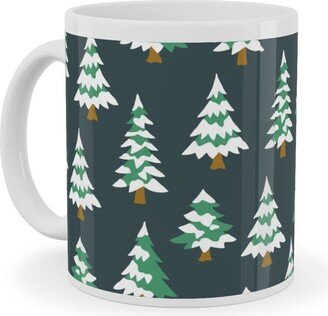 Mugs: Winter Village Trees With Snow - Dark Ceramic Mug, White, 11Oz, Green