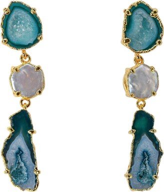 Amina Johan Vivienne Teal Blue Agate & Crystal Geode With Natural Pearl Drop Statement Earrings