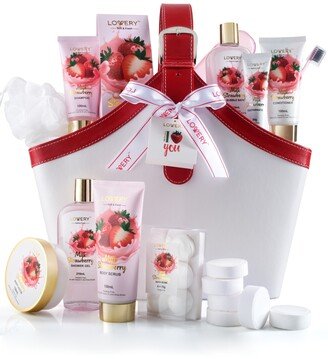 Lovery Body Care Gift Set, Strawberry Milk Home Spa with Tote Bag Gift, 25 Piece