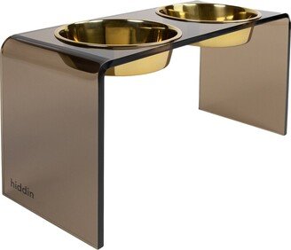 Hiddin Large Smoke Bronze Double Bowl Pet Feeder With Gold Bowls-AA