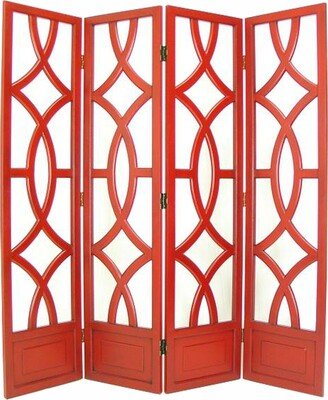 Wooden 4 Panel Room Divider with Open Geometric Design, Red