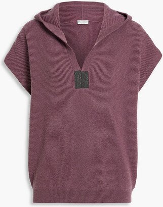 Bead-embellished ribbed cashmere hoodie