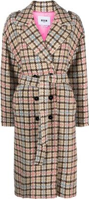 Belted Houndstooth Double-Breasted Coat