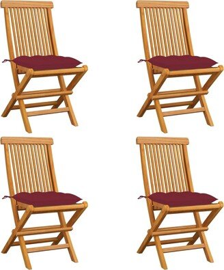 Patio Chairs with Wine Red Cushions 4 pcs Solid Teak Wood - 18.5 x 23.6 x 35