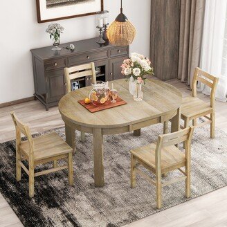 NINEDIN Farmhouse Round 5-Piece Wood Extendable Dining Table Set with Storage Drawers and Wood Armless Dining Chairs for Dining Room-AA