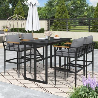 EDWINRAYLLC 5-Piece Steel Outdoor Dining Sets with Outdoor Patio High-leg Dining Table Acacia Wood Armrest Armchair for Backyard, Black