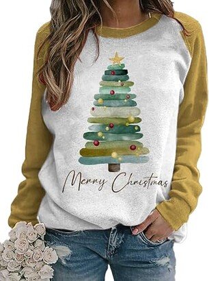 Akivide Women Merry Christmas Sweatshirt Shirt Xmas Tree Lights Long Sleeve Crewneck Pullover Plus Size Color Block Graphic Top-AA