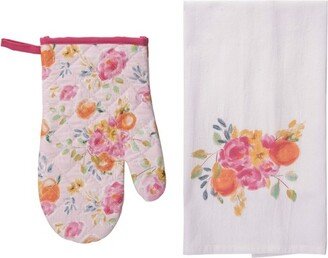 Cotton 10 Pink Floral Mitt and Tea Towel Set of 2