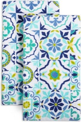 2pk Cotton Worn Tiles Kitchen Towels Blue/Yellow