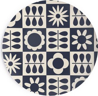 Salad Plates: Scandinavian Checker Blooms - Off White And Navy Salad Plate, Black