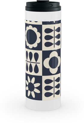 Travel Mugs: Scandinavian Checker Blooms - Off White And Navy Stainless Mug, White, 16Oz, Black