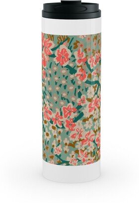 Travel Mugs: Bengal Kuma Floral - Multi Stainless Mug, White, 16Oz, Green