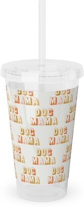 Travel Mugs: Dog Mama - Retro Vintage Text - Earthy Acrylic Tumbler With Straw, 16Oz, Beige