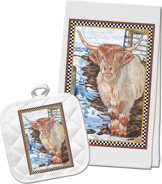 Cow Scottish Highland Kitchen Dish Towel & Pot Holder Gift Set | Dp604