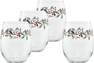 Nutcracker Holly Stemless Wine Glasses, Set of 4 - Red, Green