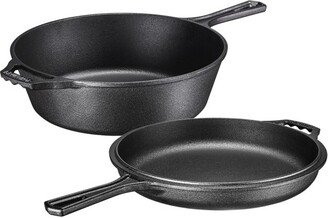 2-in-1 Black Dutch Oven & Skillet Set: 3 Quart Burgundy Enamel Cast Iron Cookware for Casserole Dish & Crock Pot, 3 Quart