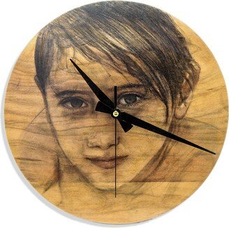 Graphite Pencil Portrait On Wooden Clock, Hand Made, Drawing From Photo, Unique Gift, Wood 35 cm, Selectional Wood Piece