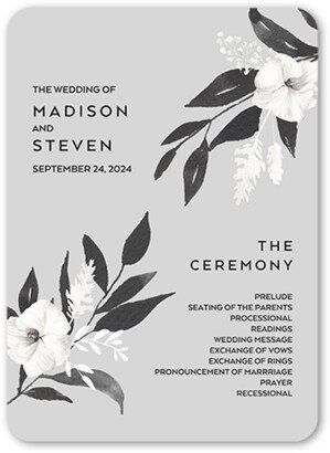 Wedding Program Cards: Evening Flower Wedding Program, Grey, 5X7 Flat Program, Matte, Signature Smooth Cardstock, Rounded