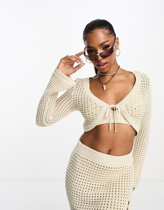 knitted crochet crop cardigan in cream - part of a set