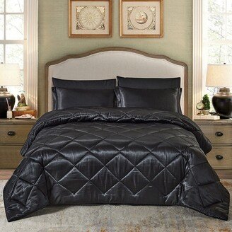 Snake River Décor 8 Pic Silky Satin Comforter Set Soft Luxury Quilted King Black