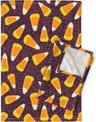 Halloween Treats Tea Towels | Set Of 2 - Candy Corn By Rachelquinlan Seasonal Trick Treat Autumn Linen Cotton Spoonflower