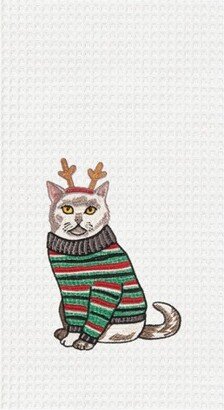 Reindeer Cat Embroidered & Waffle Weave Kitchen Towel