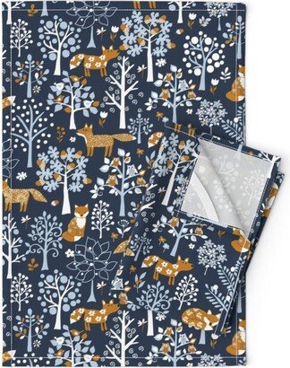 Woodland Night Tea Towels | Set Of 2 - Foxes in The Woods By Cressida Carr Wild Winter Owl Linen Cotton Spoonflower