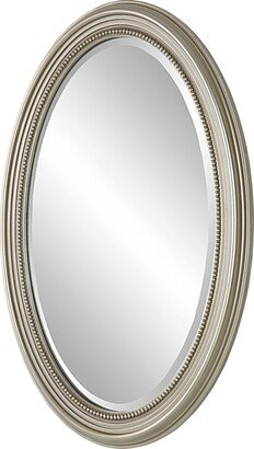 31 Inch Wall Mirror, Beaded Oval Shape, Metallic Silver