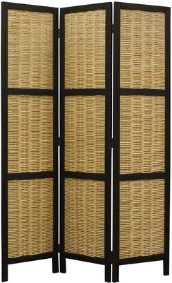 Cottage Style 3 Panel Room Divider with Willow Weaving, Black and Brown