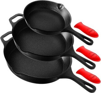 Heavy Duty Non Stick Pre Seasoned Cast Iron Skillet Frying Pan 3 Piece Set Includes 8-Inch, 10-Inch, 12-Inch Pans, with Silicone Handles