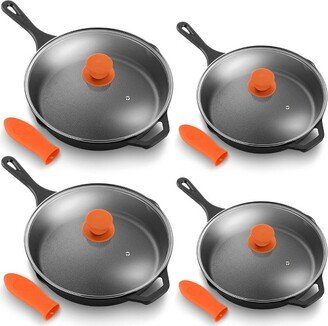 Pre Seasoned Nonstick Cast Iron Frying Pan Set Bundle with (2) 10 Inch and (2) 12 Inch Frying Pans, Lids and Handle Covers