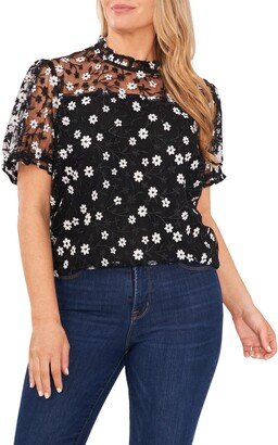 Embroidered Floral Mesh Overlay Blouse